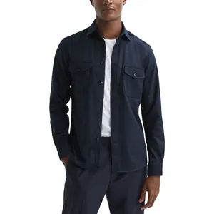 High-quality detailed view of men's navy blue casual shirt jacket with chest pockets