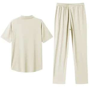 Back view of men's beige two-piece polo shirt and trousers casual set on white background