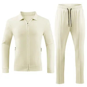 Men's beige 2-piece waffle knit casual track suit with zip-up jacket and trousers.