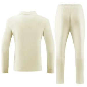 Back view of men's waffle knit jacket and pants 2-piece casual set in cream color.