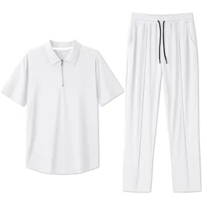Front view of men's white casual 2-piece set with polo shirt and trousers