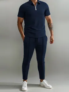 Navy blue men's casual polo and pants 2-piece set for outdoor leisure