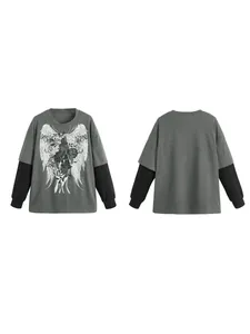 Front and back detail of a grey fake two-piece long-sleeve T-shirt with wing graphic