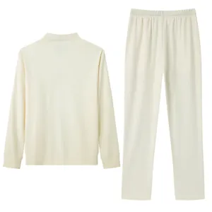 Back view and front view of men's beige jacquard leisure suit two-piece set