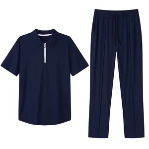 Men's navy casual two-piece set with zip-up short sleeve polo shirt and matching pants