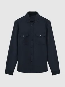 Front view detail of a navy blue textured long-sleeve men's casual shirt jacket