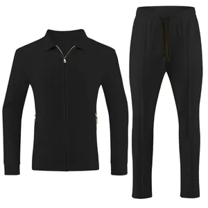 Detailed view of a black men's jacquard grid casual tracksuit 2-piece set on white.