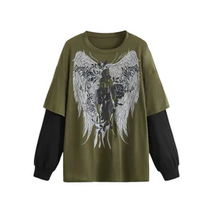 Oversized fake two-piece long sleeve T-shirt with gothic angel wings and floral print