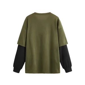 Detailed back view of a loose olive green and black fake two-piece long sleeve T-shirt