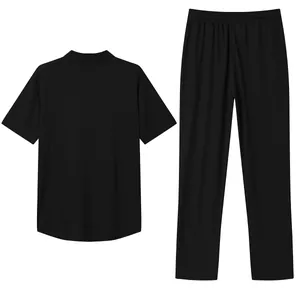 Men's casual 2-piece set featuring black short-sleeve polo shirt and matching trousers