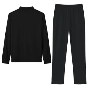 Black men's two-piece casual set with jacquard grid texture jacket and matching pants