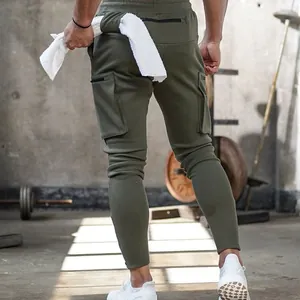 Men's olive green multi-pocket cargo joggers for gym and fitness training