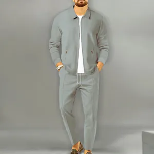 Full view of men's grey jacquard grid 2-piece casual set featuring a zipper jacket and pants