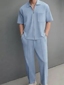 Men Casual 2-Piece Set Solid Color Lapel Short Sleeve Zipper Shirt and Long Trousers Polyester Comfortable Daily Suit