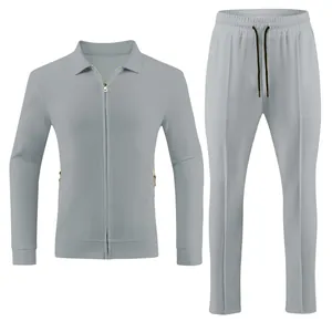 Light grey men's waffle knit two-piece tracksuit set featuring a zip-up jacket and matching pants