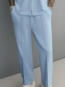 Men's light blue 2-piece casual leisure set featuring zipper shirt and straight trousers