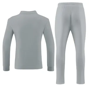 Back view of men's two-piece casual grey suit featuring jacquard grid pattern fabric