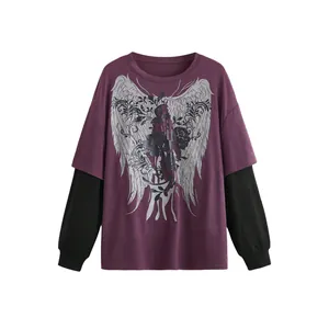 Women's loose long-sleeve fake two-piece T-shirt with gothic wings and floral print design