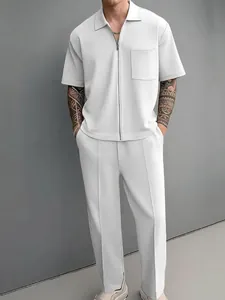 Men's 2-piece casual white set with short sleeve zipper polo shirt and matching trousers