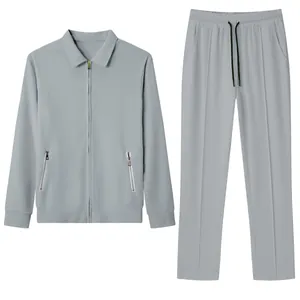 Detailed view of men's grey 2-piece casual set featuring jacquard waffle texture.