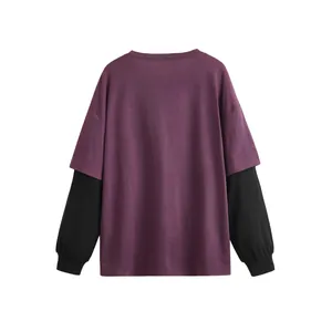 Back view of a purple and black oversized fake two-piece long-sleeved T-shirt for women