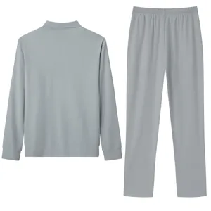 Back view of grey men's casual 2-piece set with jacquard lattice texture jacket and pants.