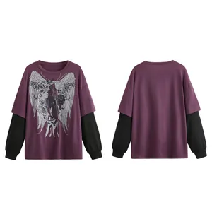 Purple fake two-piece long sleeve t-shirt with silver wing and rose graphic detail