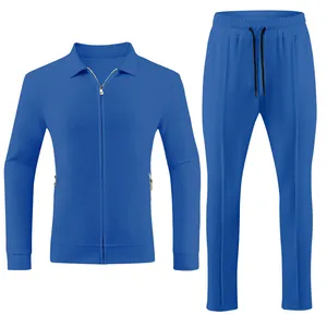 Detail view of the blue jacquard waffle texture men's zipper jacket and pants set