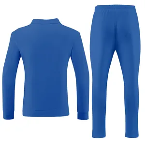 Detailed back view of men's blue leisure suit featuring jacquard grid texture 2-piece