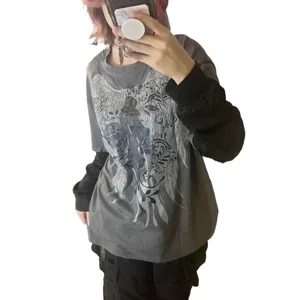 Women's Oversized False Two-Piece Long Sleeve T-Shirt Streetwear Hip Hop Gothic Wing Rose Printed Casual Round Neck Top