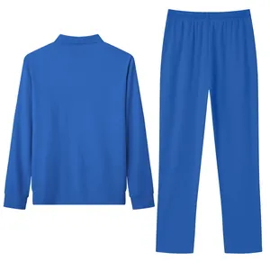 Back view of men's blue two-piece casual set with textured jacquard check fabric