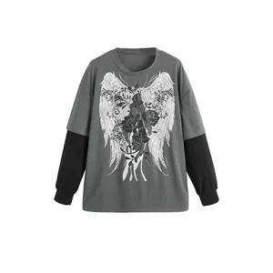 Women's loose fake two-piece long sleeve t-shirt with wings and floral graphic print.