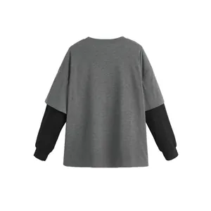 Women's oversized fake two-piece long sleeve T-shirt in grey and black streetwear style