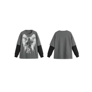 Women's oversized grey fake two-piece long sleeve T-shirt featuring angel wings and rose print