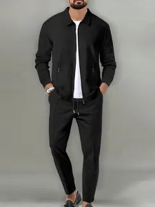 Men's black jacquard plaid casual 2-piece suit with zip-up jacket and matching pants