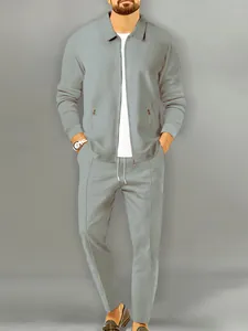 Men's grey jacquard lattice 2-piece casual set including a zipper jacket and long pants