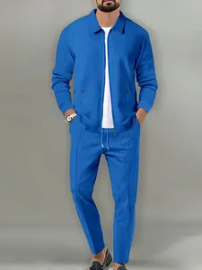 Men's casual blue jacquard grid 2-piece leisure set with zipper jacket and matching pants
