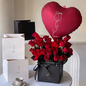 Valentine's Day Square Flower Hug Bag Romantic Floral Arrangement Packaging Box With Ribbon Heart Balloon Paper Gift Bag