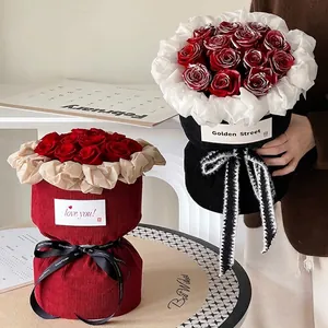Elegant red velvet flower packaging materials for roses with ribbons and gift cards