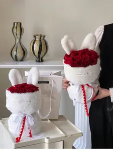 Handmade Valentine's Day plush rabbit ear flower bouquet packaging material kit with roses