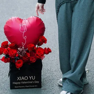Valentine's Day square flower gift bag with heart balloon and red roses