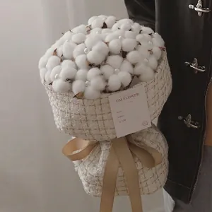 Handcrafted natural dried cotton flower bouquet with pearls and tweed wrapping