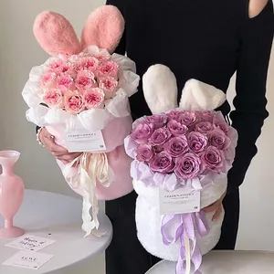 Handmade plush rabbit ear flower bouquet packaging materials for Valentine's Day floral gifts.