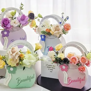 Caja de Flores Redonda Portátil de Cartón Caja de Arreglos Florales de Mano para Regalo del Día de la Madre Decoración de Ramo
