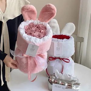 Bunny Ear Plush Floral Hug Bucket Bouquet Packaging Fabric Thickened Artificial Rabbit Fur Flower DIY Valentine's Day Gift Decor