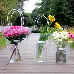 Borsa Regalo per Bouquet di Fiori in PVC Trasparente Impermeabile Con Manico Lungo Sacchetto per Imballaggio Regali Feste