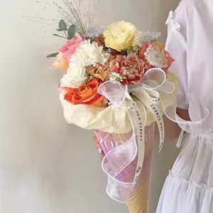 Papel de Embalaje de Flores Creativo con Forma de Cono de Helado Cartulina Gruesa Envoltura de Regalos de Mini Ramo para el Día de San Valentín Decoraciones de Fiesta de Boda Romántica