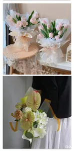 Close-up of waterproof transparent floral wrapping paper with colored borders on bouquets