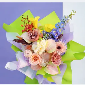 Vibrant Korean style waterproof flower wrapping paper in macaron green and purple colors