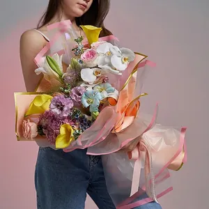 Waterproof transparent OPP crystal flower wrapping paper with pink striped border